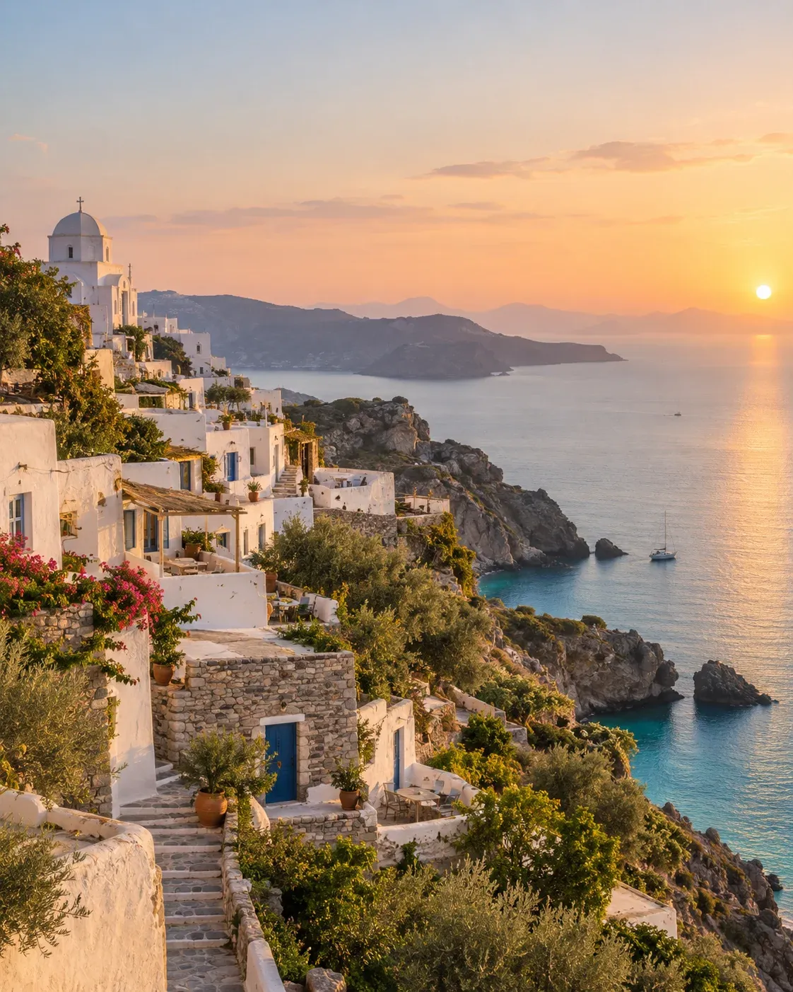 Whitewashed coastal terraces overlooking the Mediterranean at sunset